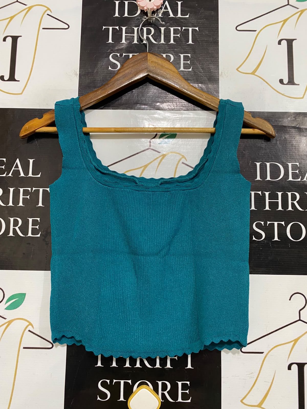 ZARA |S| BUST 14| A61| TEAL SQUAR-NECK SCALLOPED TECHNICAL UTILITY CROP TOP
