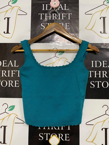 ZARA |S| BUST 14| A61| TEAL SQUAR-NECK SCALLOPED TECHNICAL UTILITY CROP TOP