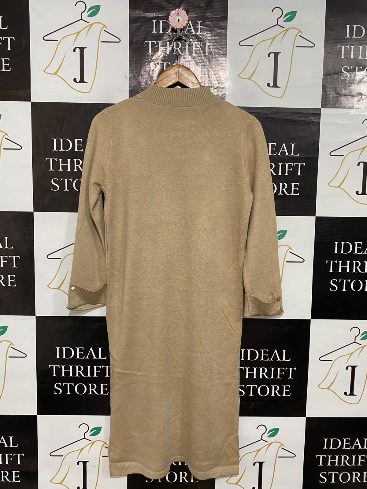 INSEE |M| BUST 19| A61| BEIGE LAYERED-LOOK MOCK-NECK TECHNICAL UTILITY MIDI DRESS