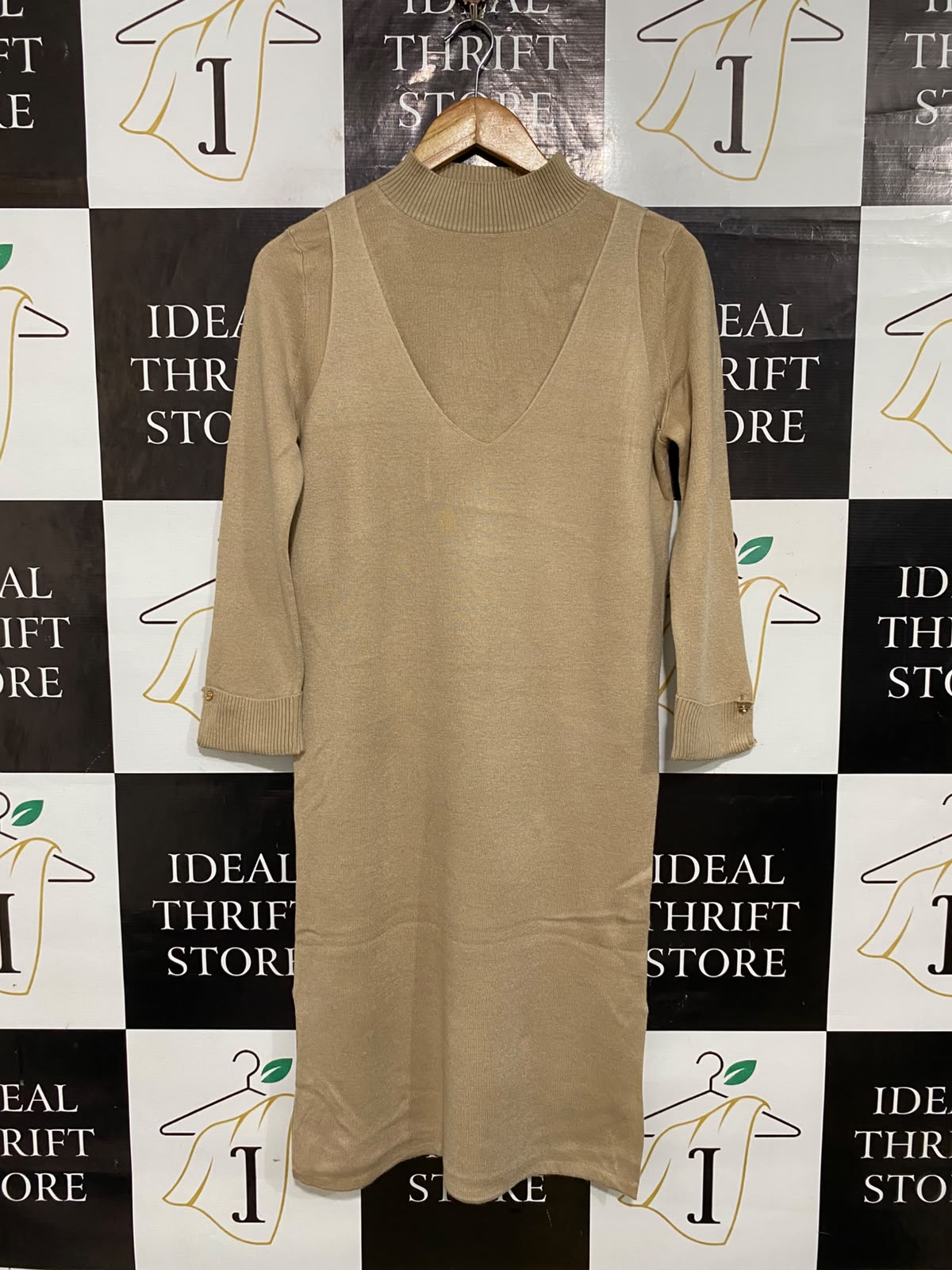 INSEE |M| BUST 19| A61| BEIGE LAYERED-LOOK MOCK-NECK TECHNICAL UTILITY MIDI DRESS