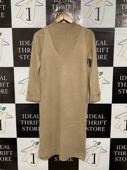 INSEE |M| BUST 19| A61| BEIGE LAYERED-LOOK MOCK-NECK TECHNICAL UTILITY MIDI DRESS