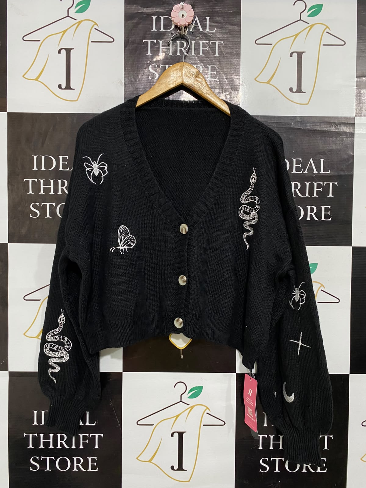 ROMWE |XL| BUST 24| A61| BLACK EMBROIDERED MOTIF CROPPED TECHNICAL UTILITY CARDIGAN