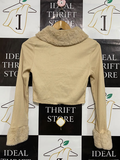 SHEIN |S| BUST 16| A61| BEIGE CORDUROY FAUX-FUR TRIM TECHNICAL UTILITY ZIP-UP JACKET