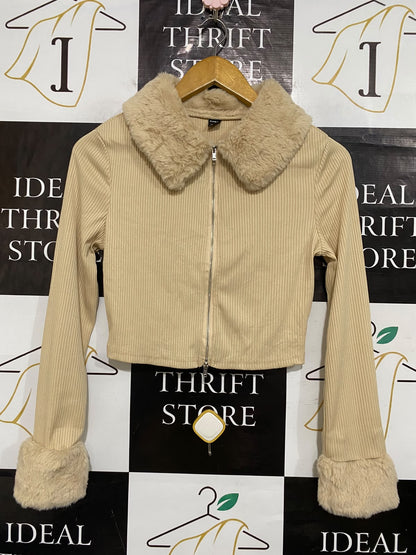 SHEIN |S| BUST 16| A61| BEIGE CORDUROY FAUX-FUR TRIM TECHNICAL UTILITY ZIP-UP JACKET