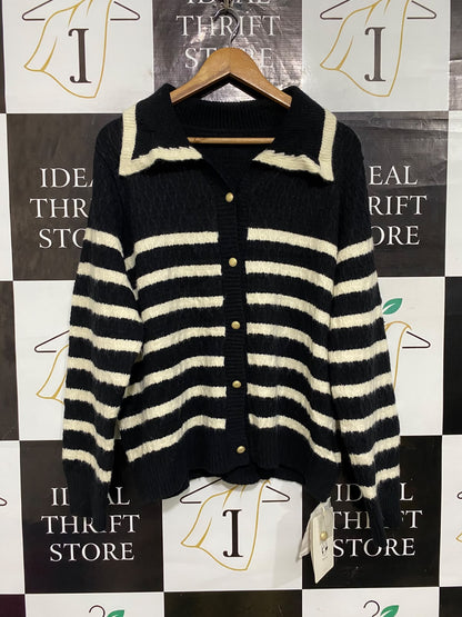 MAXIXI |XL| BUST 22| A61| BLACK AND WHITE STRIPED COLLARED TECHNICAL UTILITY CARDIGAN