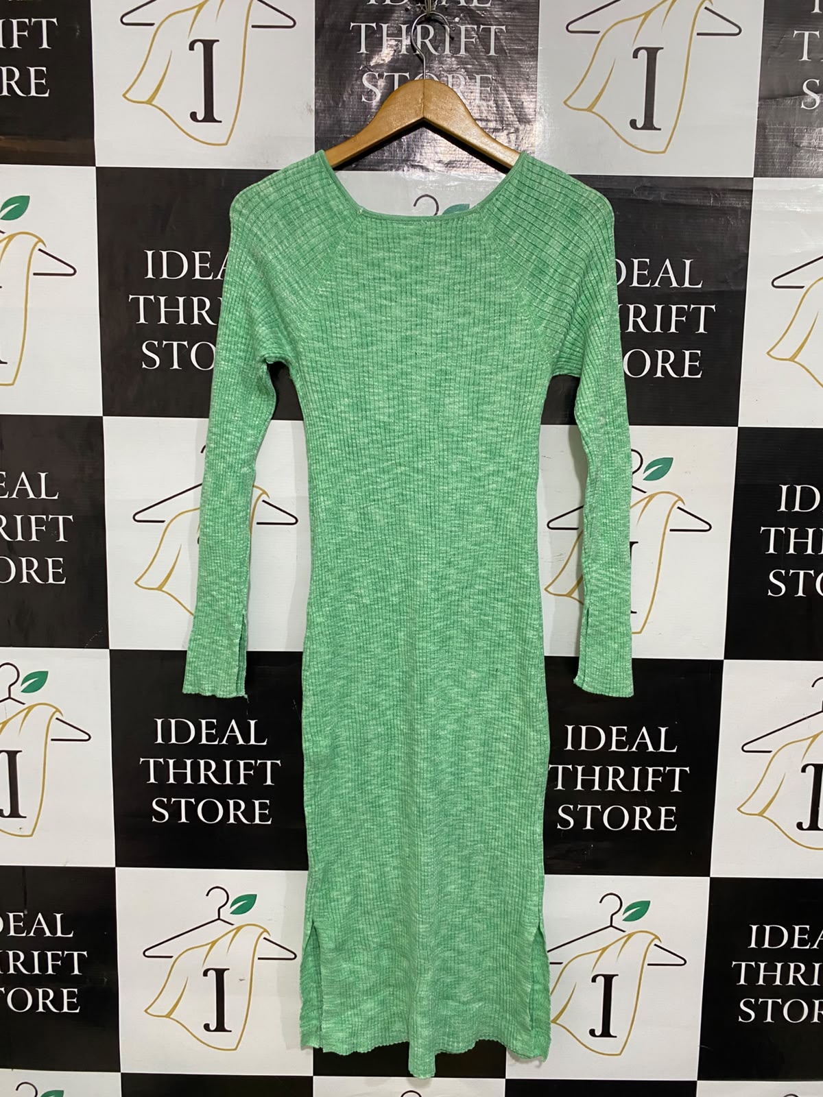 ANKO |S| BUST 13| A61| GREEN MARLED RIBBED LONG-SLEEVE TECHNICAL UTILITY MIDI DRESS