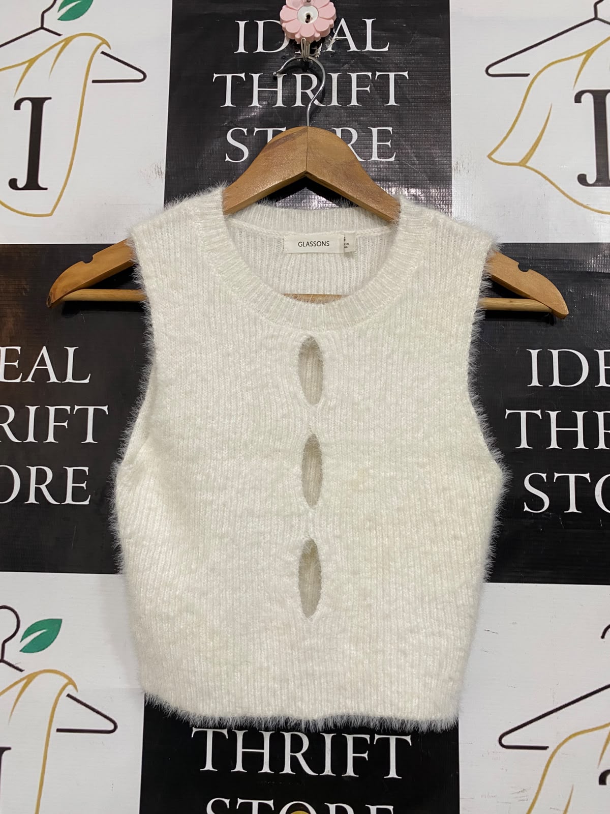 GLASSONS |S| BUST 13| A60| OFF-WHITE FLUFFY CUTOUT TECHNICAL UTILITY CROP TOP