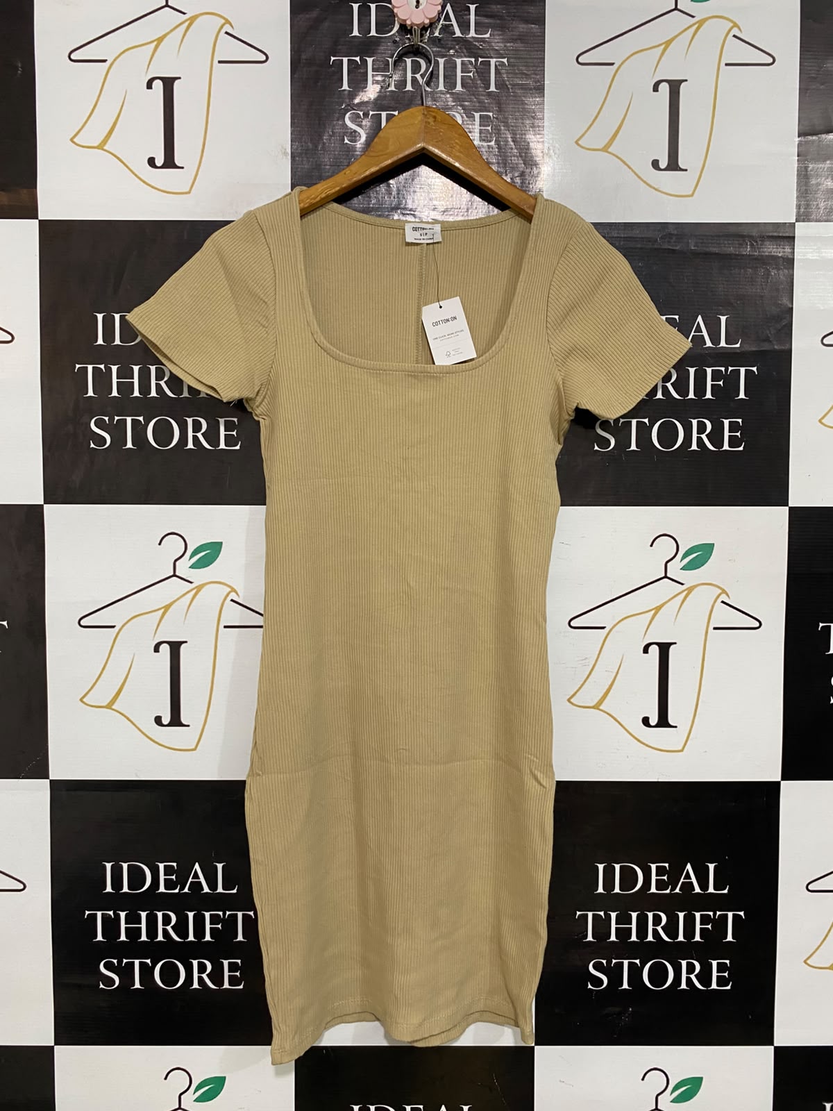 COTTON ON |S| BUST 14| A60| BEIGE SQUARE-NECK SHORT-SLEEVE TECHNICAL UTILITY MINI DRESS