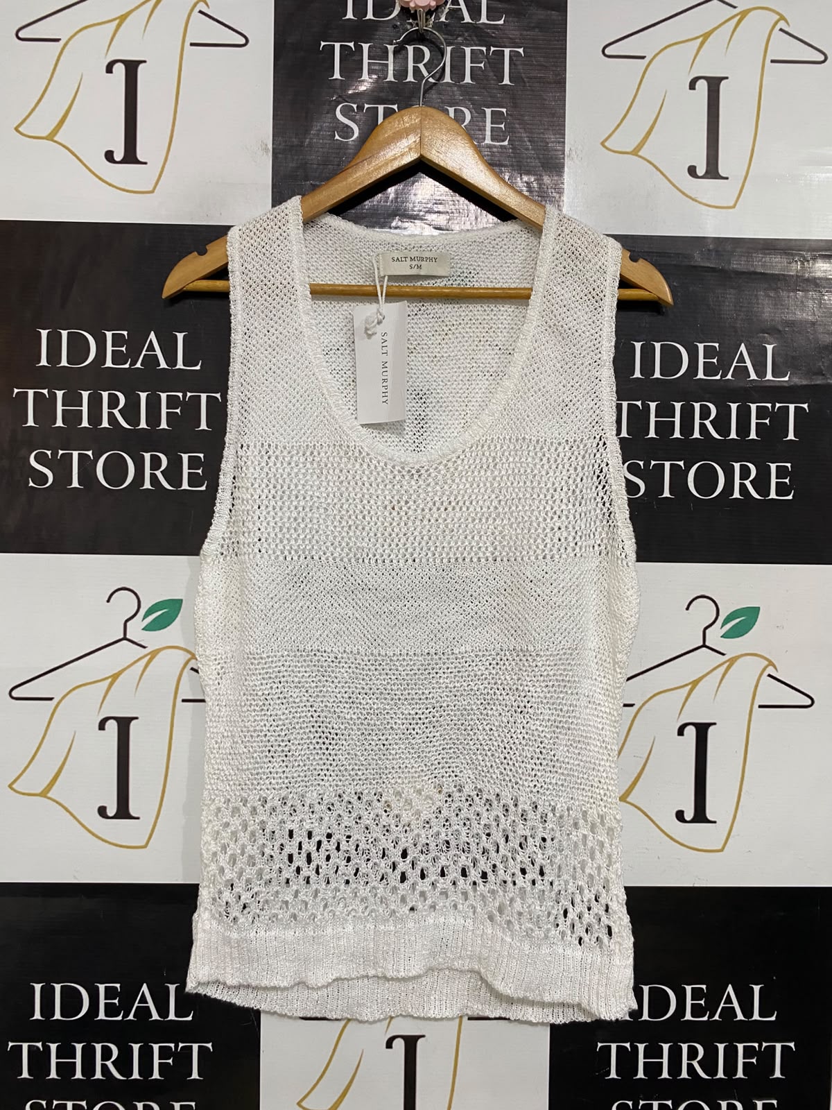 SALT MURPHY |S/M| BUST 17| A60| SALT MURPHY WHITE OPEN-KNIT SLEEVELESS TECHNICAL UTILITY TOP