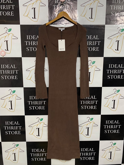 DAZIE |S| BUST 12| A60| BROWN SWEETHEART-NECK LONG-SLEEVE TECHNICAL UTILITY MIDI DRESS