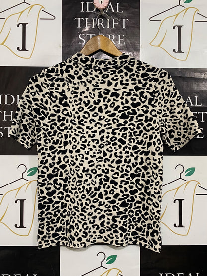 PORTMANS |XS| BUST 16| A60| LEOPARD PRINT MOCK-NECK SHORT-SLEEVE TECHNICAL UTILITY TOP