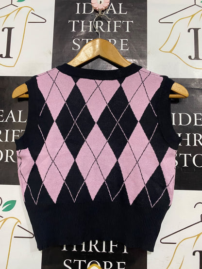 |S| BUST 16| A60| PINK AND BLACK ARGYLE PATTERN V-NECK TECHNICAL UTILITY SWEATER VEST
