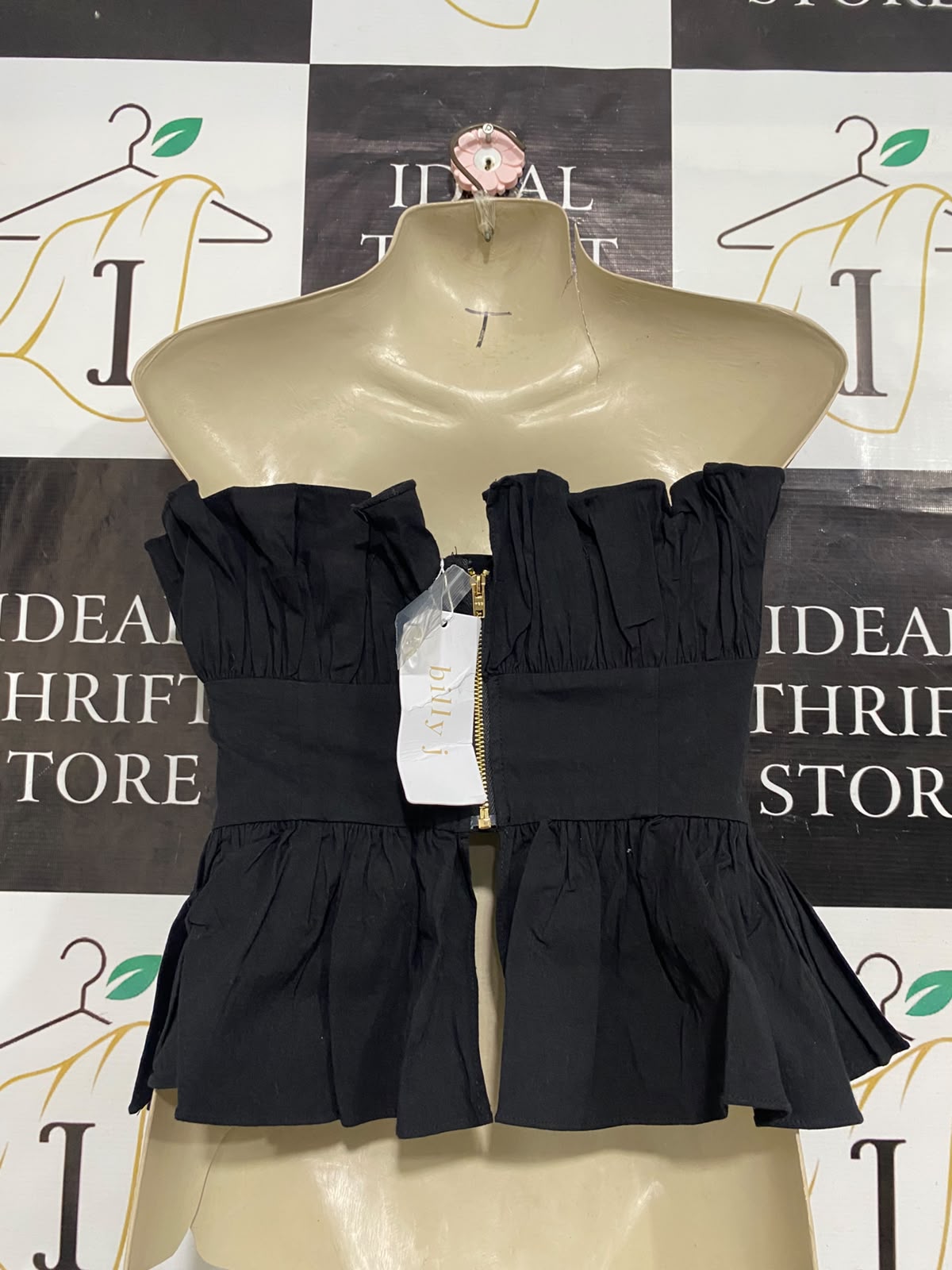 BILLY |M| BUST 18| A60| BLACK STRAPLESS RUFFLED TECHNICAL UTILITY PEPLUM TOP