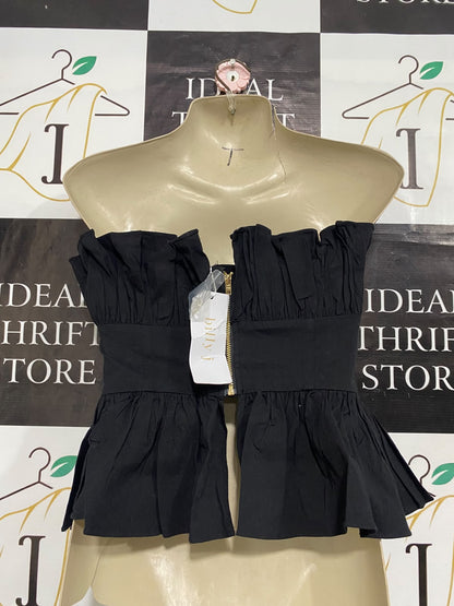 BILLY |M| BUST 18| A60| BLACK STRAPLESS RUFFLED TECHNICAL UTILITY PEPLUM TOP