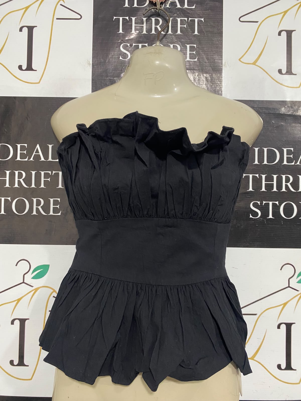 BILLY |M| BUST 18| A60| BLACK STRAPLESS RUFFLED TECHNICAL UTILITY PEPLUM TOP