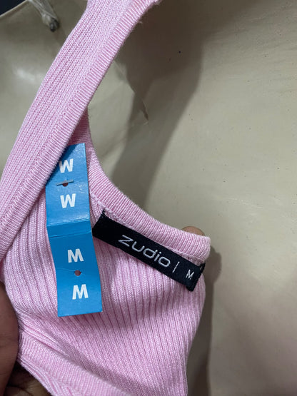 ZUDIO |M| BUST 15| A60| PINK ASYMMETRIC STRAP-DETAIL TECHNICAL UTILITY CROP TOP