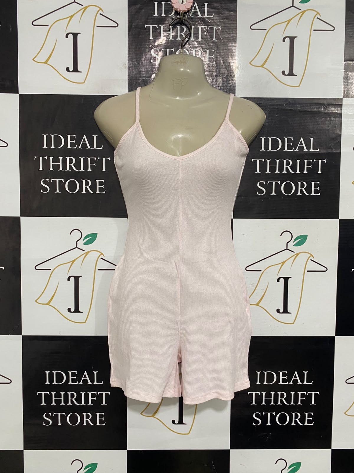 MESHKI |XS| BUST 15| A60| LIGHT PINK RIBBED SPAGHETTI-STRAP TECHNICAL UTILITY ROMPER