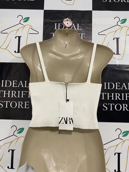 ZARA |S| BUST 15| A60| WHITE RIBBED SPAGHETTI-STRAP TECHNICAL UTILITY CROP TOP