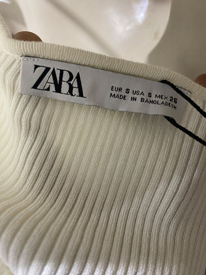 ZARA |S| BUST 15| A60| WHITE RIBBED SPAGHETTI-STRAP TECHNICAL UTILITY CROP TOP