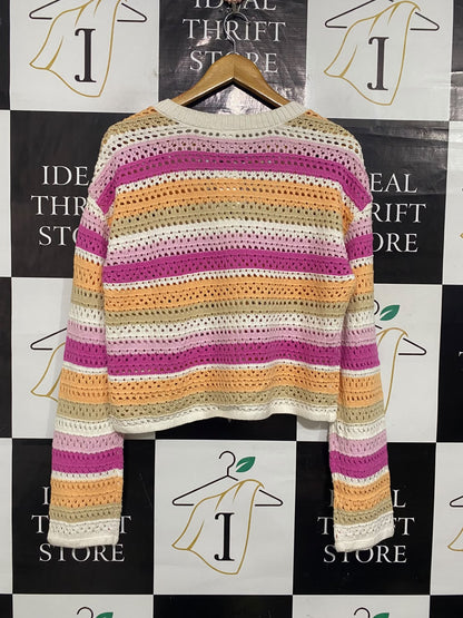 TARGET YOUTH |L| BUST 20| A60| MULTI-COLOR STRIPED OPEN-KNIT TECHNICAL UTILITY CARDIGAN