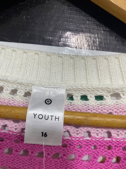 TARGET YOUTH |L| BUST 20| A60| MULTI-COLOR STRIPED OPEN-KNIT TECHNICAL UTILITY CARDIGAN