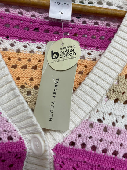TARGET YOUTH |L| BUST 20| A60| MULTI-COLOR STRIPED OPEN-KNIT TECHNICAL UTILITY CARDIGAN