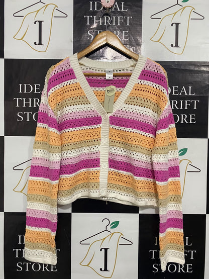 TARGET YOUTH |L| BUST 20| A60| MULTI-COLOR STRIPED OPEN-KNIT TECHNICAL UTILITY CARDIGAN