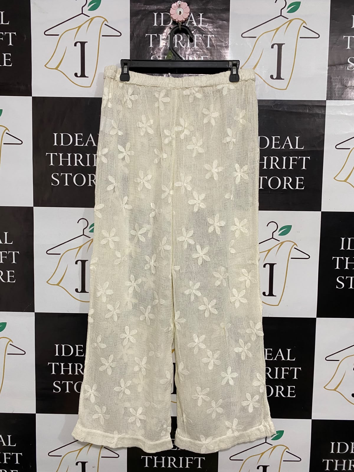 COTTON ON |M| WAIST 30| A60| OFF-WHITE FLORAL LACE-DETAIL WIDE-LEG TECHNICAL UTILITY PANTS