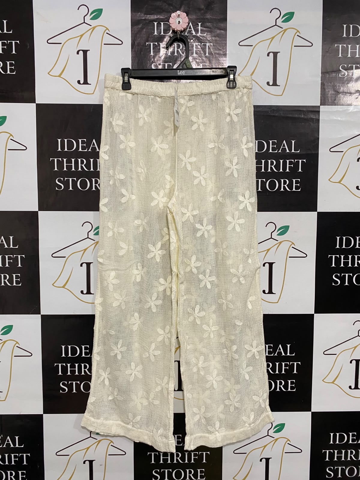 COTTON ON |M| WAIST 30| A60| OFF-WHITE FLORAL LACE-DETAIL WIDE-LEG TECHNICAL UTILITY PANTS