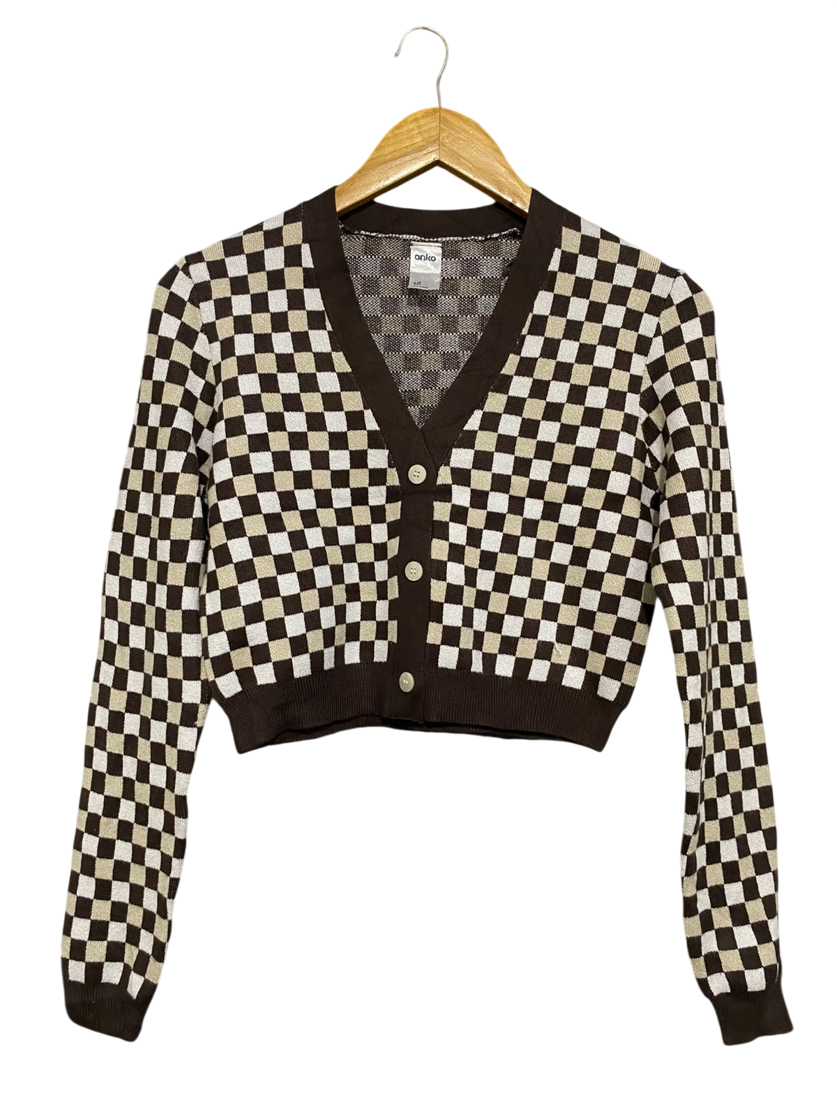 ANKO |S| BUST 17| A61| BROWN AND WHITE CHECKERED CROPPED BUTTON-UP TECHNICAL UTILITY CARDIGAN