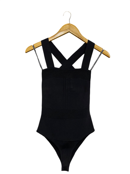 FOREVER NEW |XS| BUST 11| A61| BLACK CROSSOVER-STRAP RIBBED TECHNICAL UTILITY BODYSUIT
