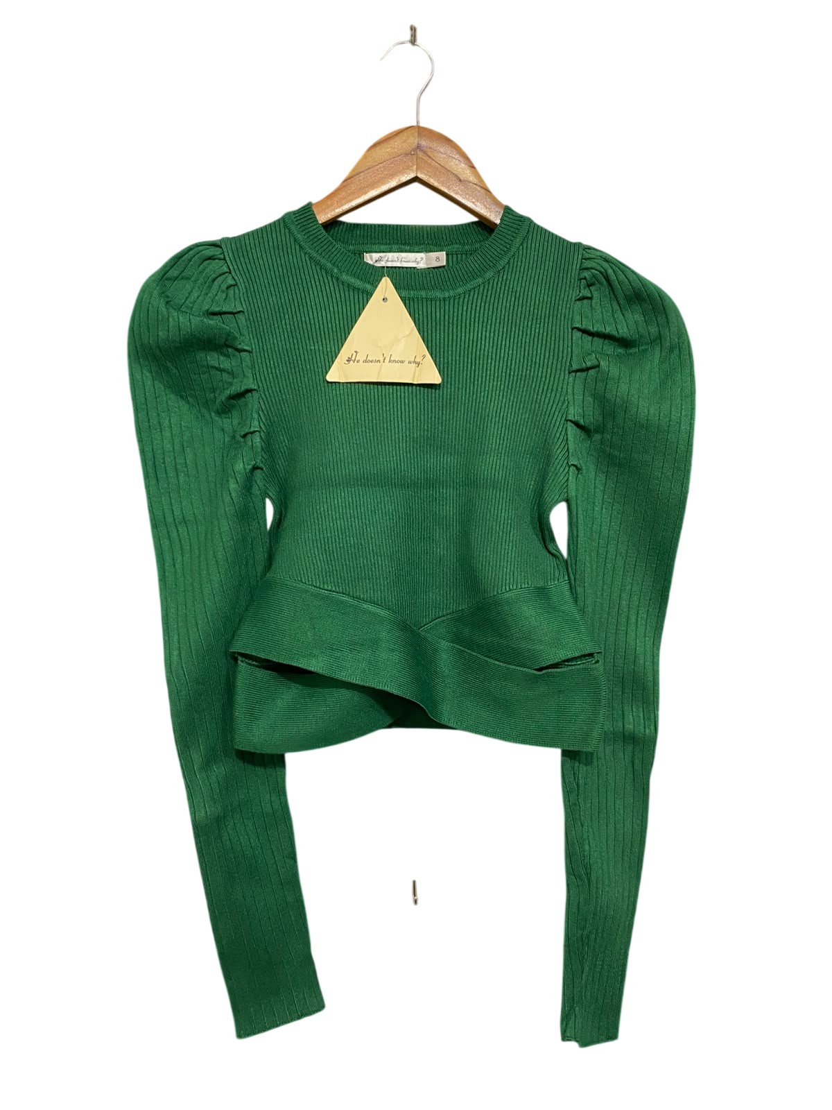 HO DOESNT KNOW WHY |S| BUST 12| A61| EMERALD GREEN PUFF-SHOULDER WRAP-HEM TECHNICAL UTILITY TOP