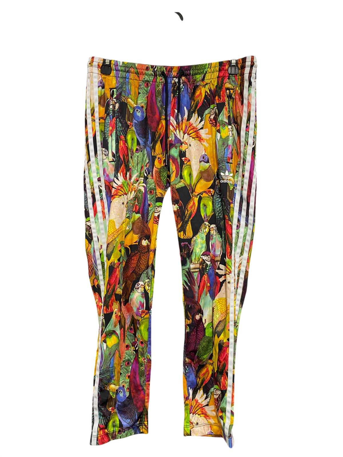 ADIDAS |L| WAIST 30| A61| MULTICOLOR TROPICAL BIRD-PRINT THREE-STRIPE TECHNICAL UTILITY TRACK PANTS