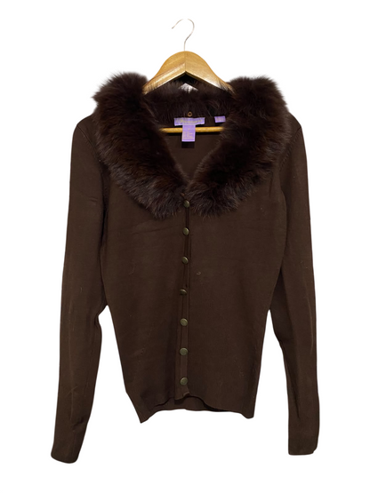 VERMANI |S| BUST 17| A61| DARK BROWN FAUX-FUR TRIM BUTTON-UP TECHNICAL UTILITY CARDIGAN