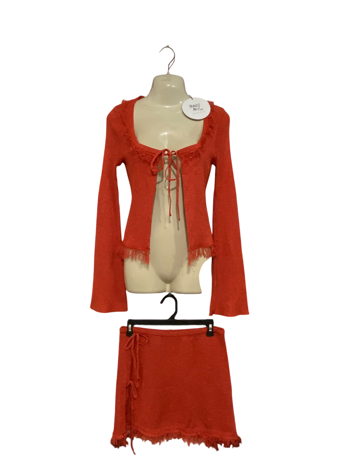 PRINCESS POLLY |S| A61| RED TIE-FRONT KNIT TOP AND SKIRT SET