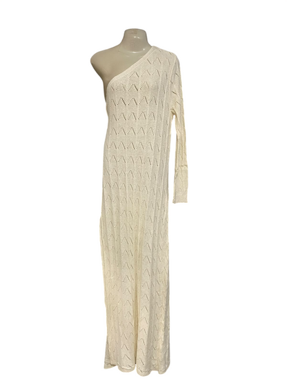 BOOHOO |M| BUST 20| A62| CREAM ONE-SHOULDER OPEN-KNIT TECHNICAL UTILITY MAXI DRESS
