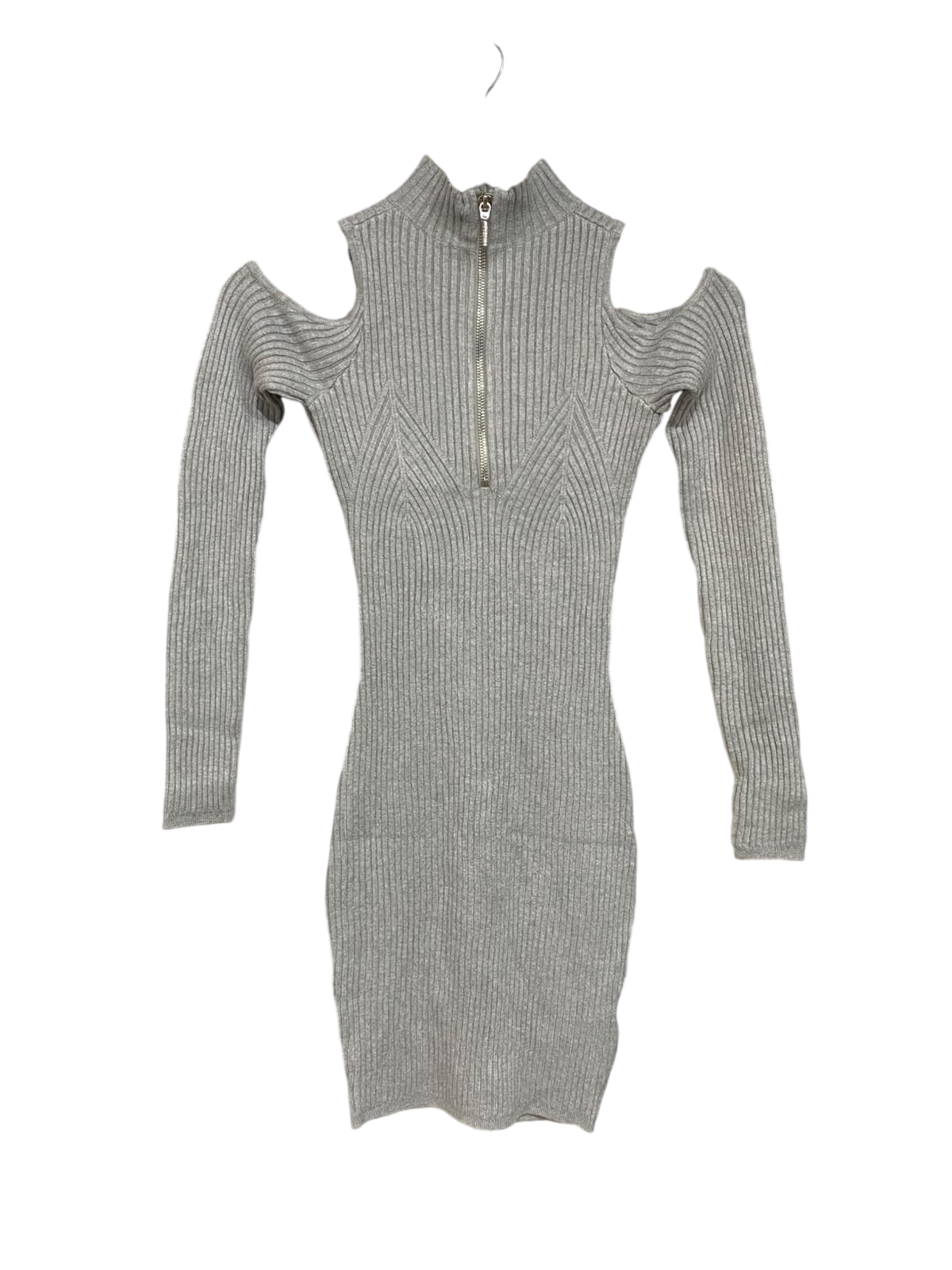 GUESS |XS| BUST 12| A62| GREY COLD-SHOULDER HALF-ZIP RIBBED TECHNICAL UTILITY MINI DRESS