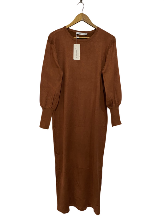 LORRAINE |M| BUST 21| A62| RUST LONG-SLEEVE CREWNECK TECHNICAL UTILITY MIDI DRESS