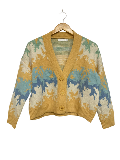 KNIT MIX |S| BUST 22| A62| MULTI-COLOR ABSTRACT JACQUARD TECHNICAL UTILITY CARDIGAN