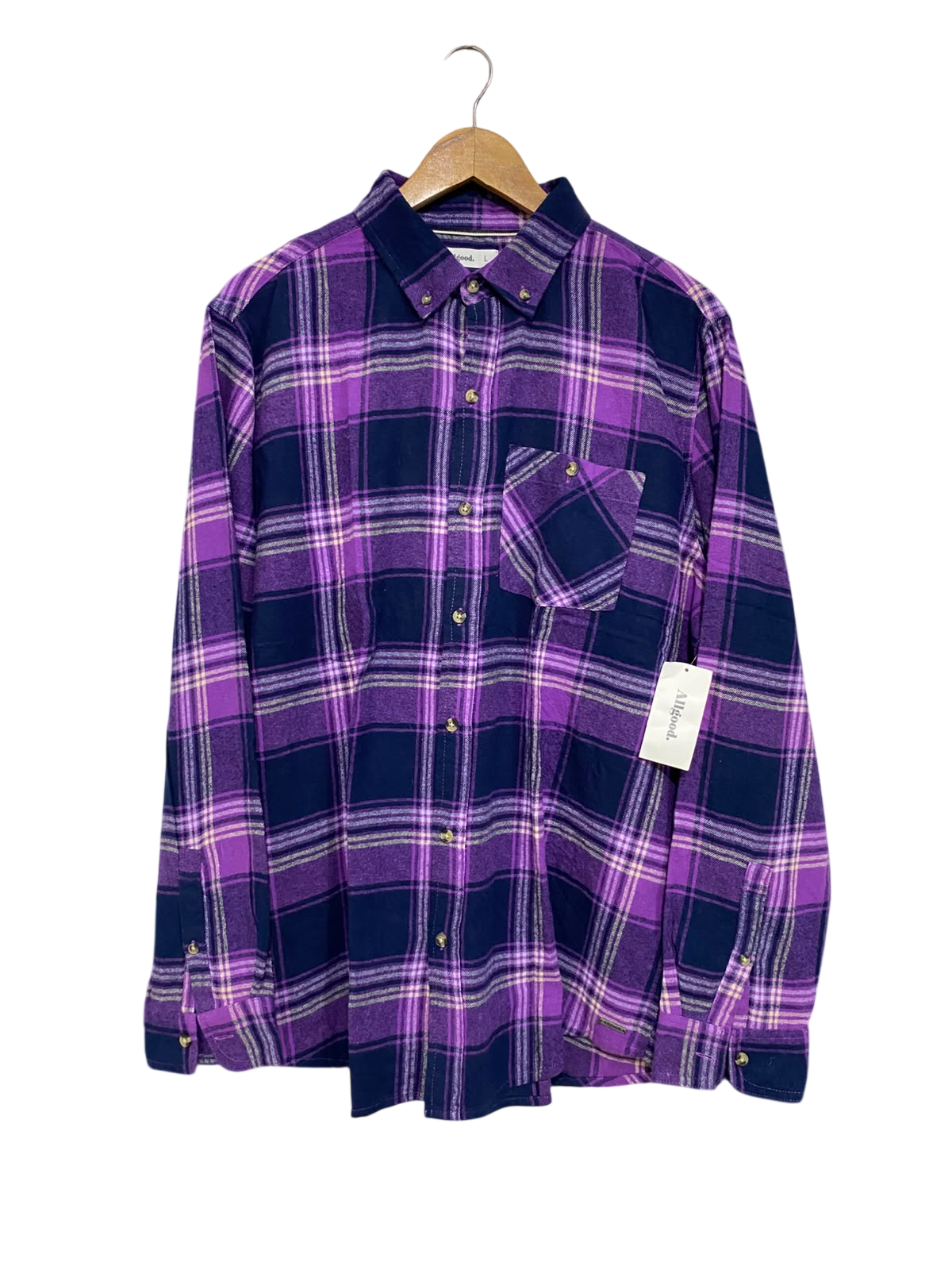 ALLGOOD |L| BUST 24| A62| PURPLE AND NAVY PLAID BUTTON-DOWN TECHNICAL UTILITY SHIRT