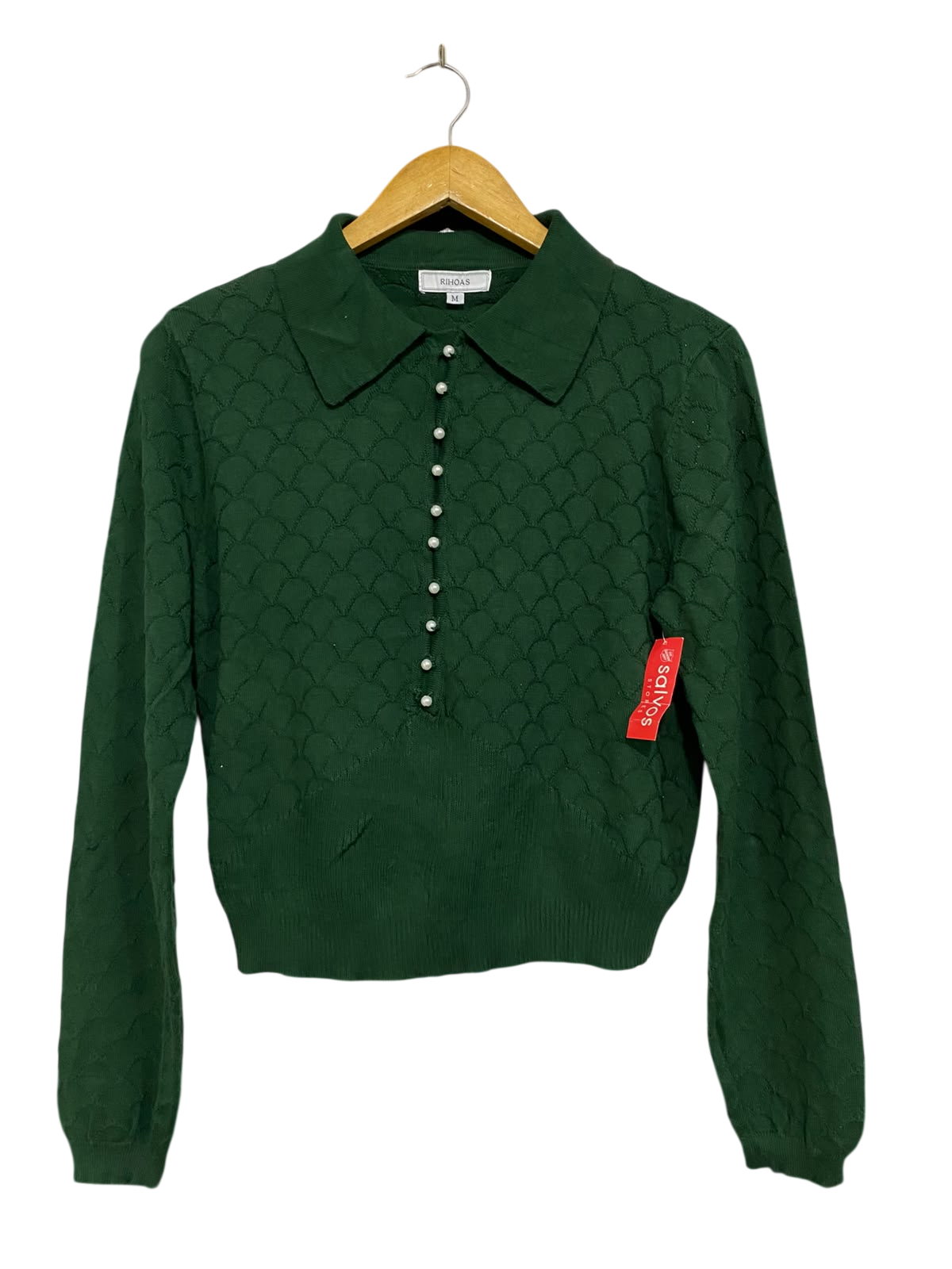 RIHOAS |M| BUST 18| A62| EMERALD GREEN PEARL-BUTTON COLLARED TECHNICAL UTILITY SWEATER