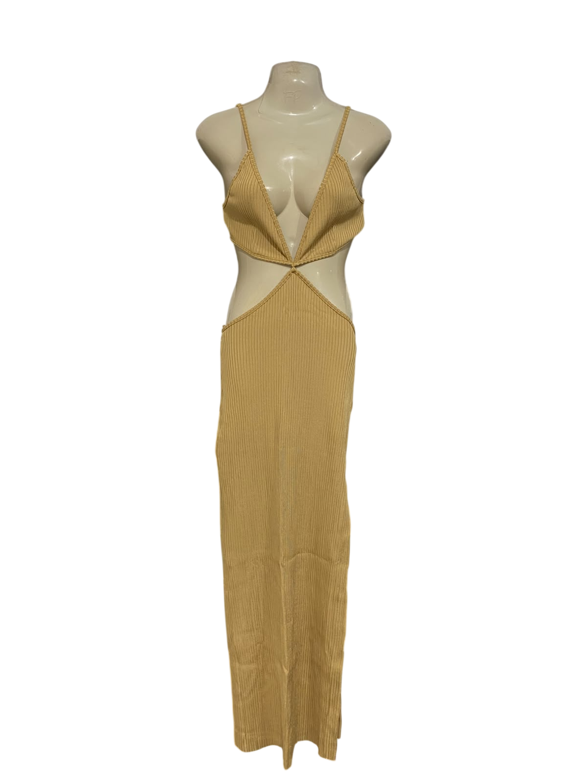BEC BRIDGE |S| BUST 15| A62| BEIGE CUTOUT PLUNGE-NECK TECHNICAL UTILITY MIDI DRESS