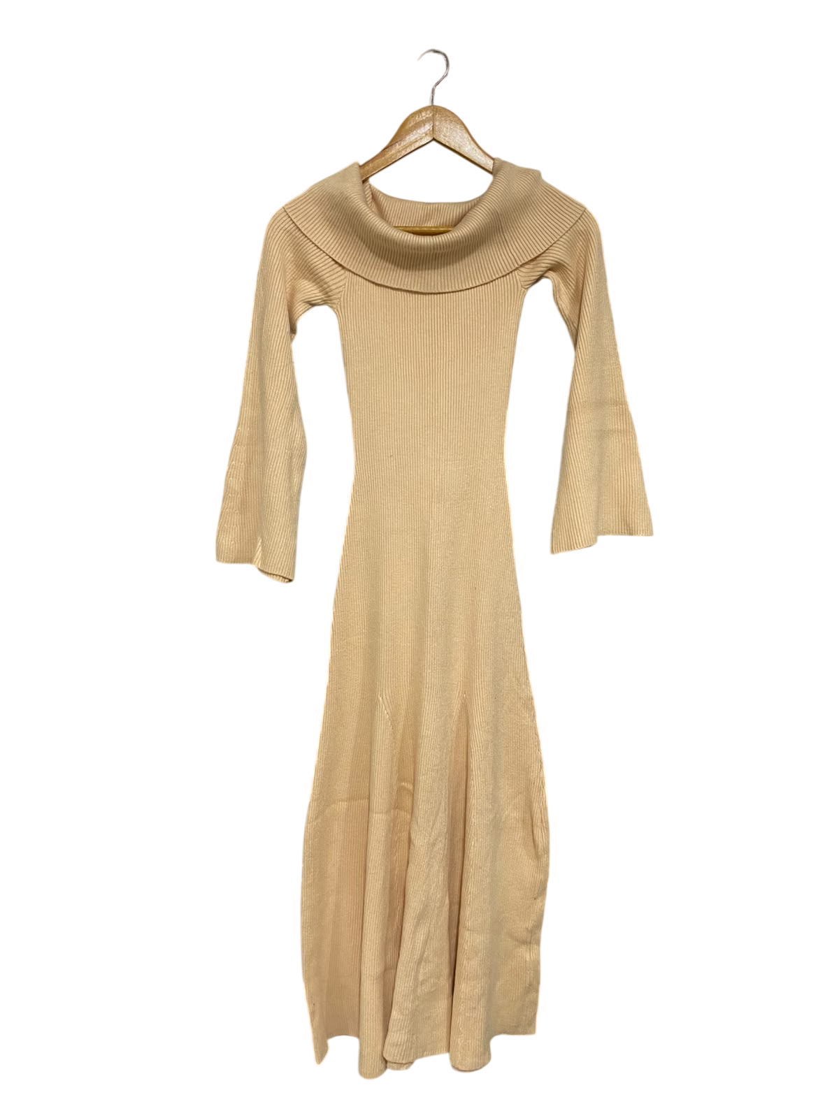TUSSAH |XS| BUST 10| A62| BEIGE COWL-NECK OFF-SHOULDER TECHNICAL UTILITY MIDI DRESS