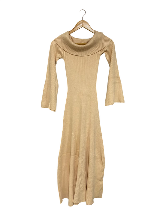 TUSSAH |XS| BUST 10| A62| BEIGE COWL-NECK OFF-SHOULDER TECHNICAL UTILITY MIDI DRESS