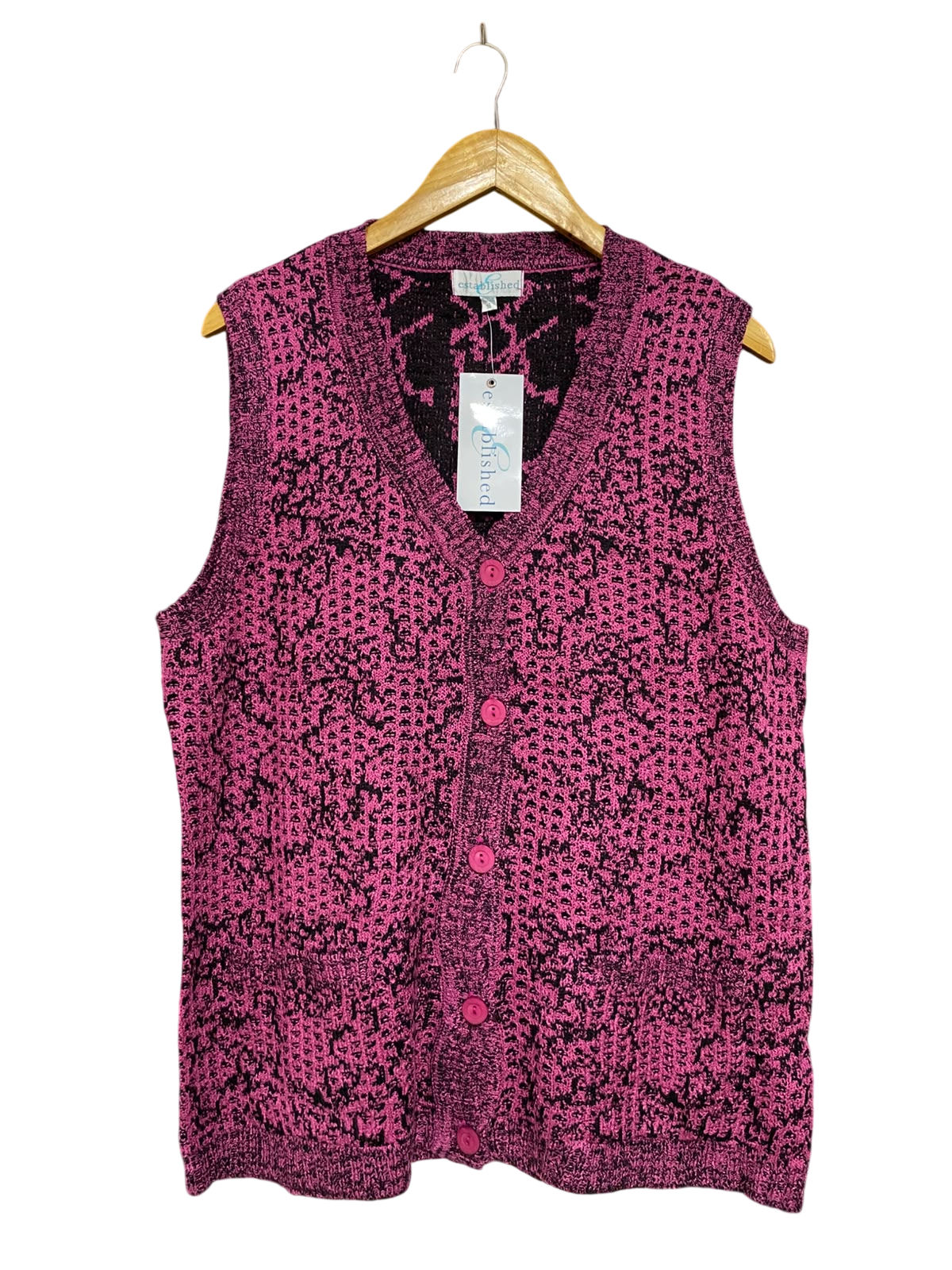 ESTABLISHED |L| BUST 22| A62| PINK AND BLACK JACQUARD PATTERN V-NECK TECHNICAL UTILITY CARDIGAN VEST