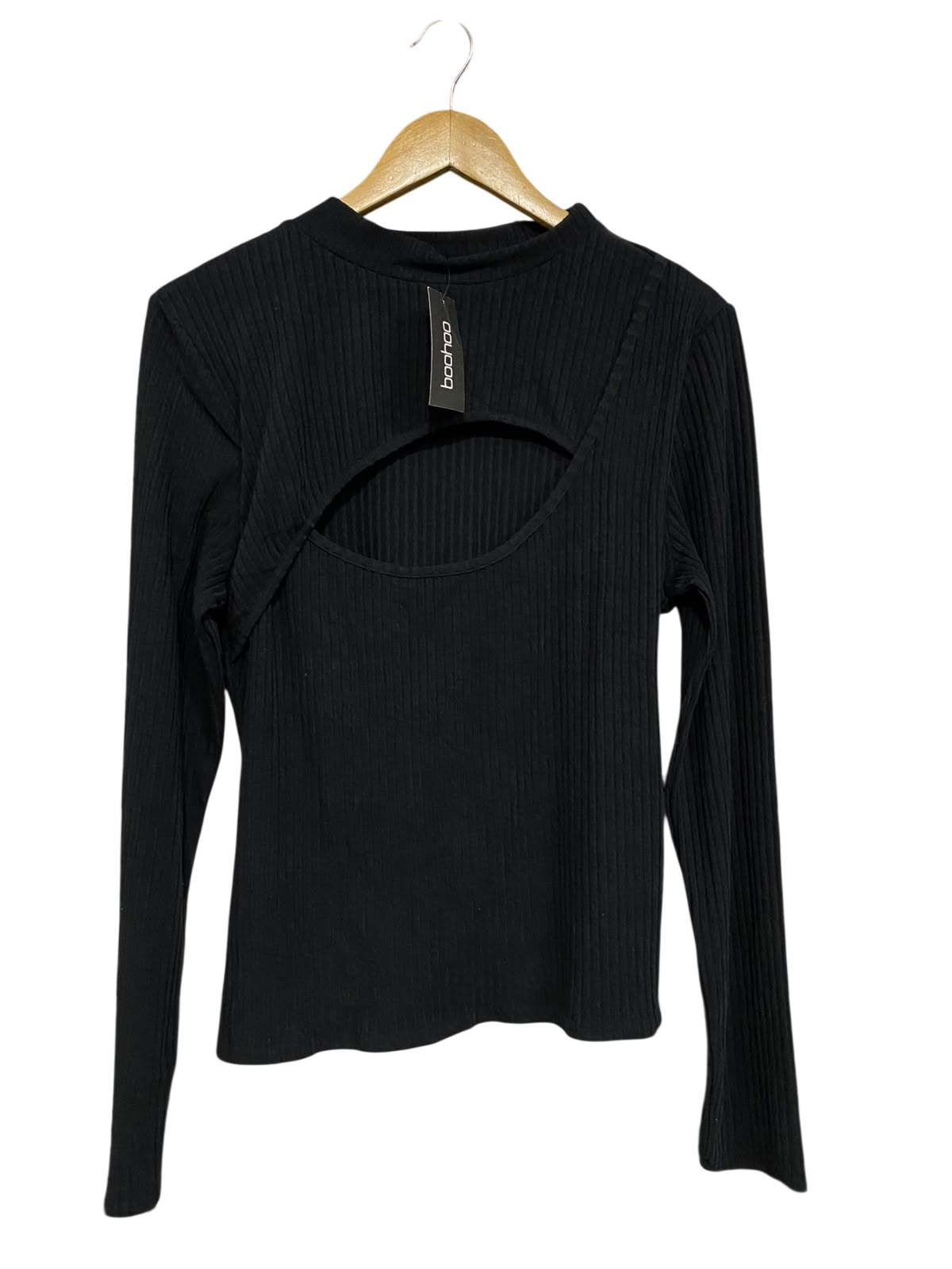 BOOHOO |M| BUST 18| A62| BLACK CUTOUT-DETAIL LONG-SLEEVE TECHNICAL UTILITY TOP