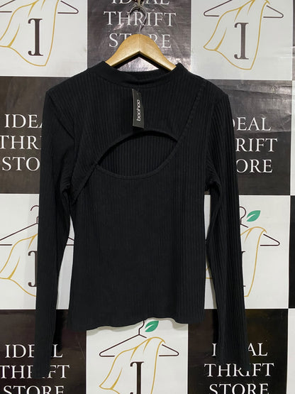 BOOHOO |M| BUST 18| A62| BLACK CUTOUT-DETAIL LONG-SLEEVE TECHNICAL UTILITY TOP