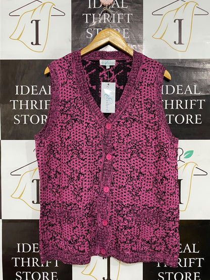 ESTABLISHED |L| BUST 22| A62| PINK AND BLACK JACQUARD PATTERN V-NECK TECHNICAL UTILITY CARDIGAN VEST