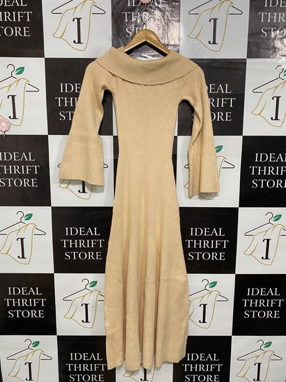 TUSSAH |XS| BUST 10| A62| BEIGE COWL-NECK OFF-SHOULDER TECHNICAL UTILITY MIDI DRESS