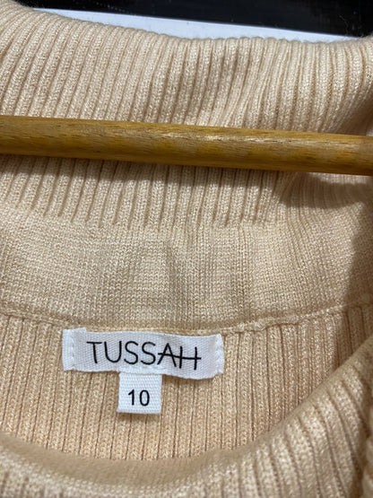 TUSSAH |XS| BUST 10| A62| BEIGE COWL-NECK OFF-SHOULDER TECHNICAL UTILITY MIDI DRESS